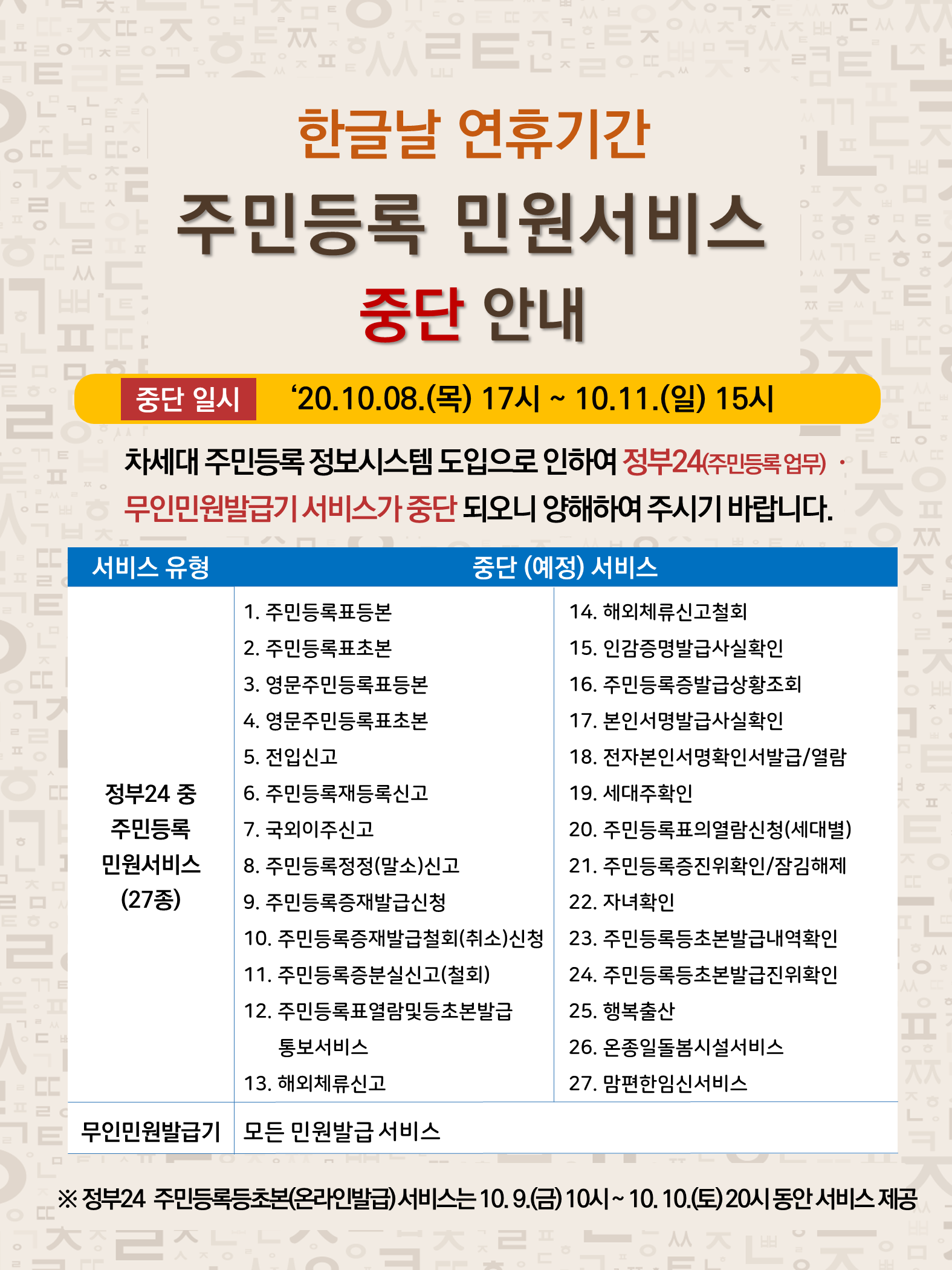 한글날 연휴기간 주민등록 민원 서비스 중단 안내