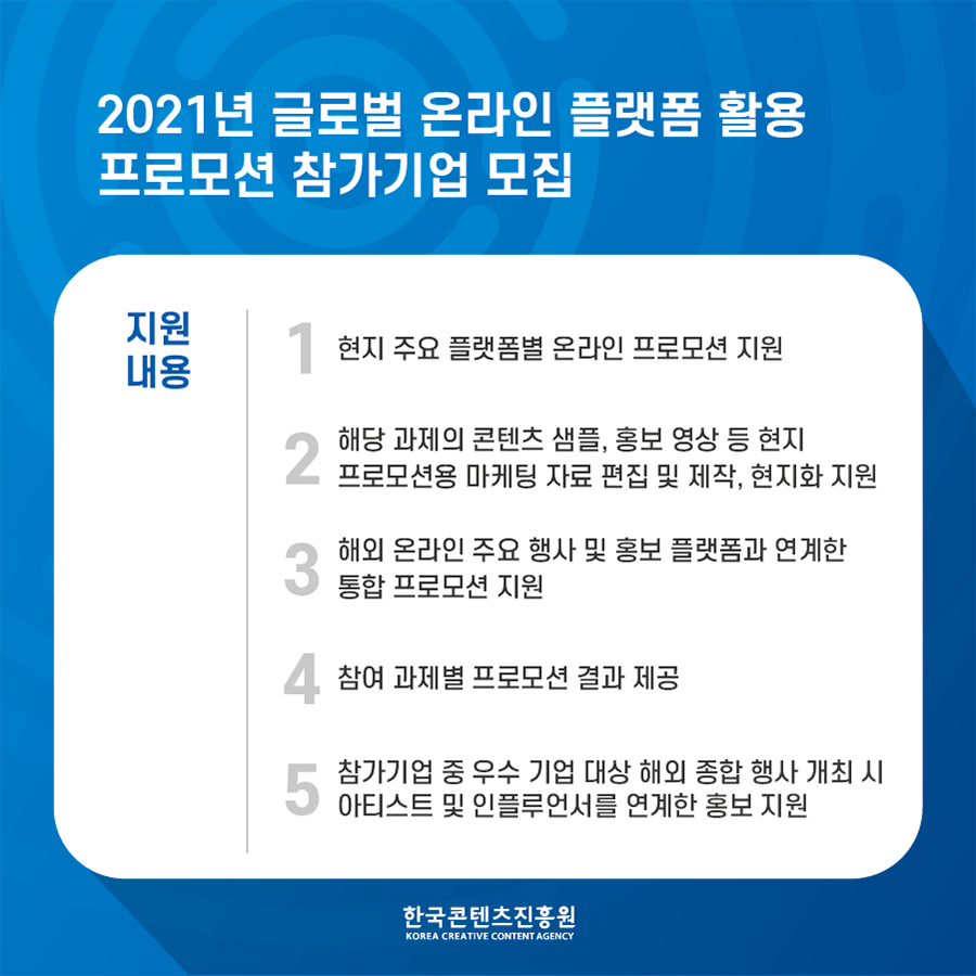 [한국콘텐츠진흥원] 2021년 글로벌 온라인 플랫폼 활용 프로모션 참가기업 모집