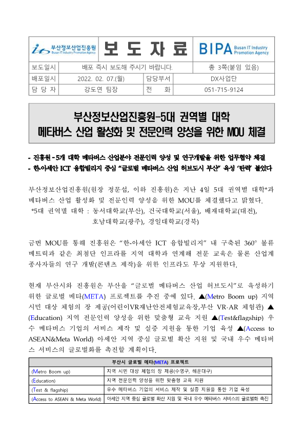 부산정보산업진흥원-5대 권역별 대학 메타버스 산업 활성화 및 전문인력 양성을 위한 MOU 체결