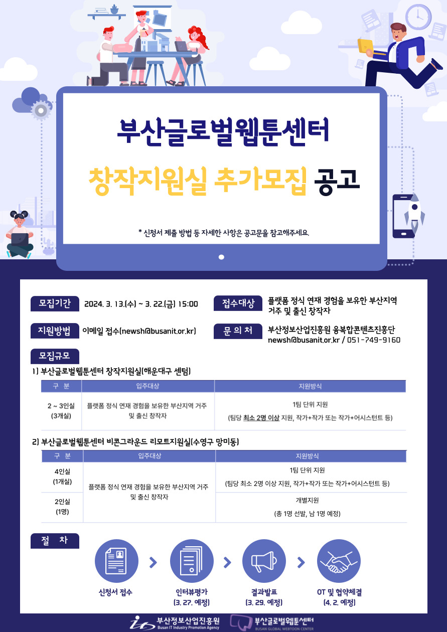 2024년 부산글로벌웹툰센터 창작지원실, 비콘그라운드 리모트 지원실 입주모집 추가공고