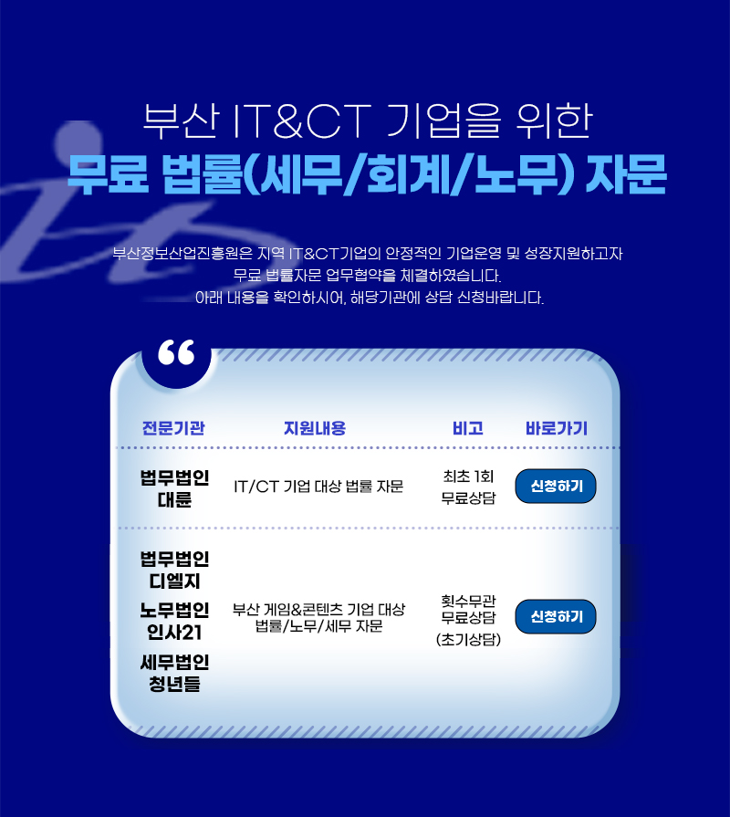 부산 IT&CT 기업을 위한 무료 법률(세무/회계/노무)자문