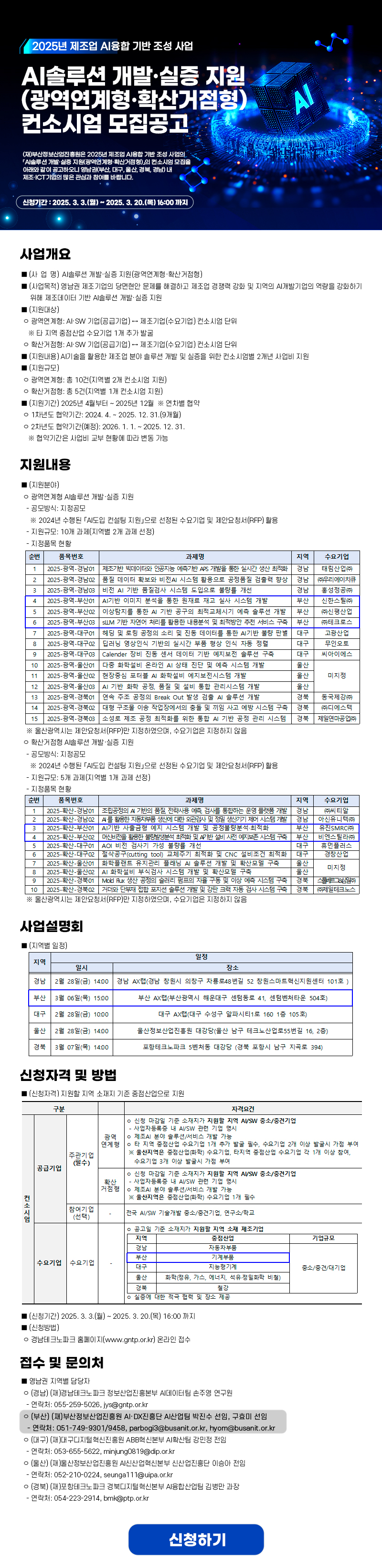 2025년 제조업 AI융합 기반조성 「AI솔루션 개발·실증 지원사업(광역연계형·확산거점형)」컨소시엄 모집공고