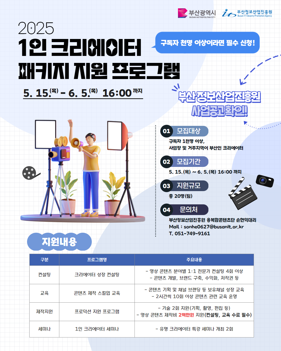 2025년 1인미디어 크리에이터 패키지 지원 프로그램 참가자 모집공고