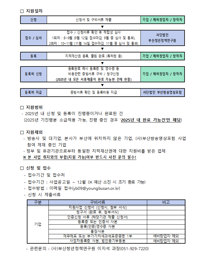 [(사)부산방송영상포럼] 2025년 지적재산권 등록(인증) 지원사업 공고